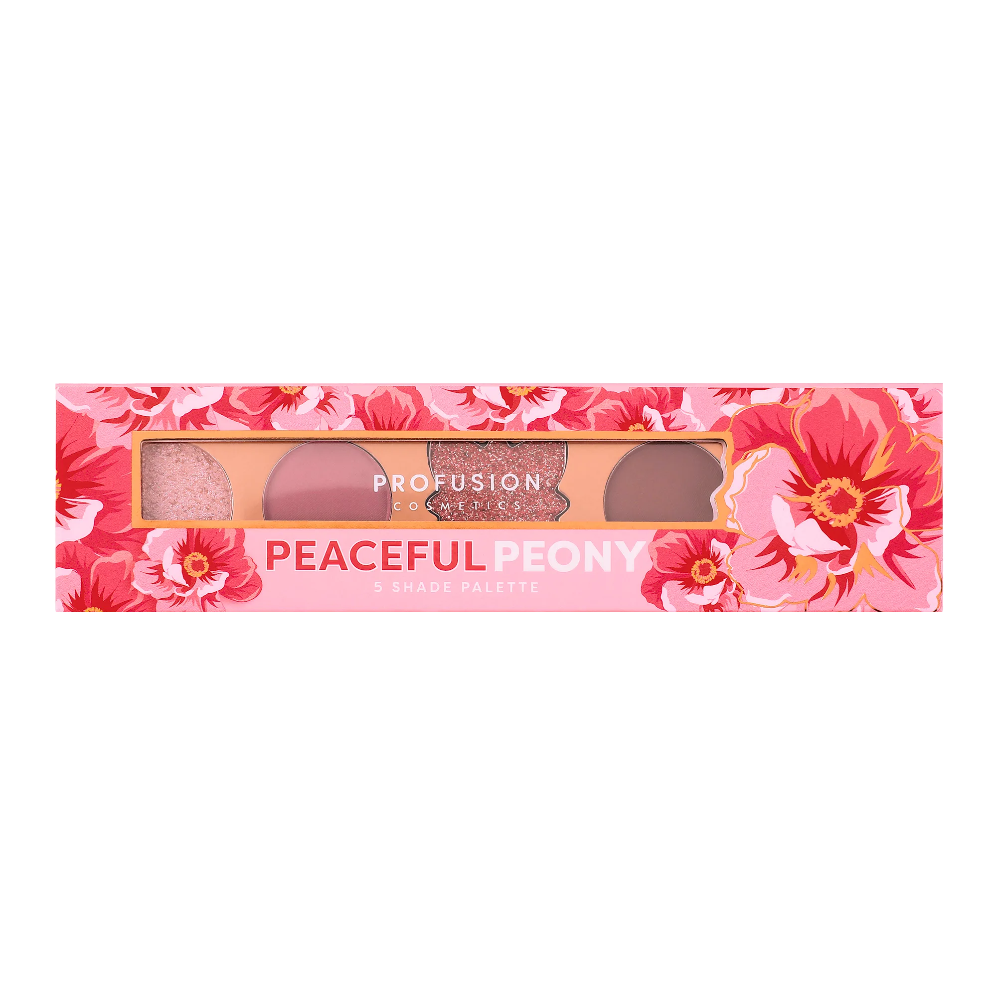 Profusion Cosmetics Blooming Hues 5-shade eye palette with romantic rose-toned eyeshadows for natural and vibrant eye looks.