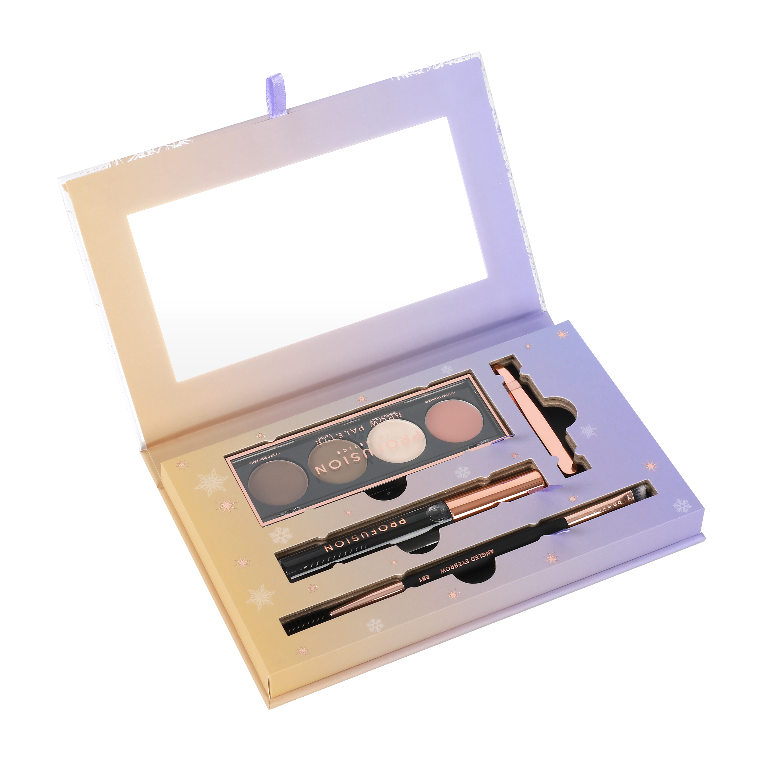 Profusion Cosmetics Frosted Snow Sparkle Festive Brows Defining Kit with eyebrow powders and tools for a shimmering holiday look.