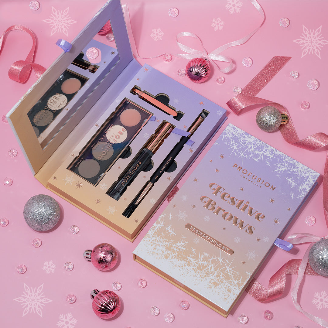 Profusion Cosmetics Frosted Snow Sparkle Festive Brows Defining Kit with eyebrow powders and tools for a sparkling holiday look