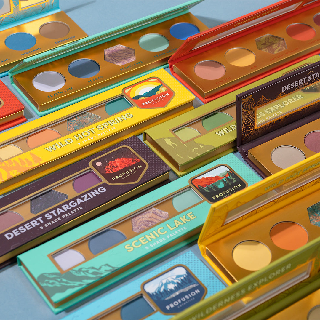 Profusion Cosmetics Blooming Beauty 5-shade eye palette with colorful eyeshadow shades, featuring a mix of floral-inspired tones.