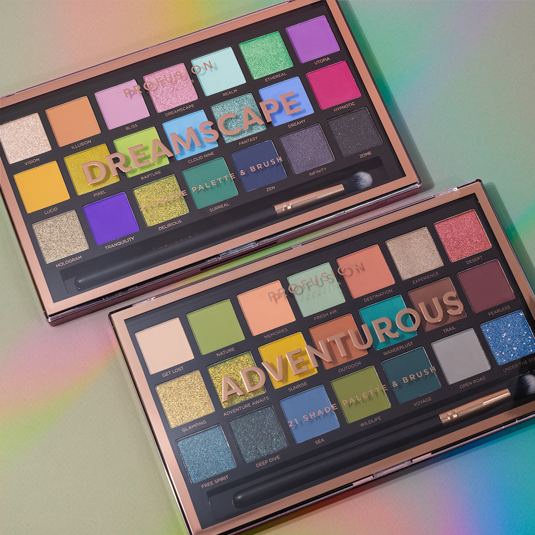 Profusion Cosmetics 21 Shade Eyeshadow Palette Adventurous with vibrant and neutral colors for versatile eye makeup looks.