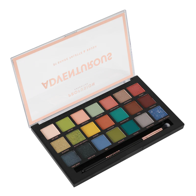 Profusion Cosmetics 21-shade eyeshadow palette named Adventurous with vibrant and neutral colors in a sleek compact.