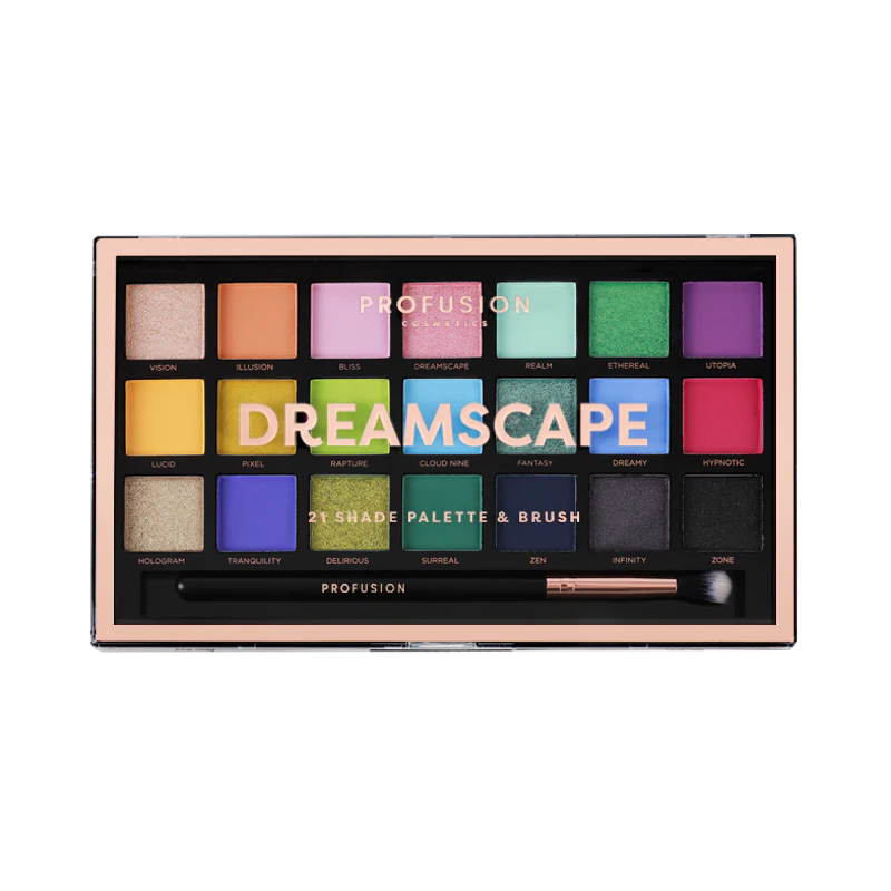 Profusion Cosmetics Dreamscape 21-shade eyeshadow palette with vibrant and neutral colors arranged in a sleek palette layout.