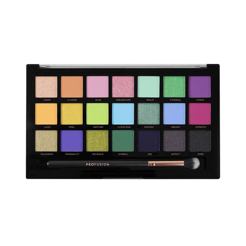 Profusion Cosmetics Dreamscape 21-shade eyeshadow palette with vibrant and neutral colors for versatile eye makeup looks.