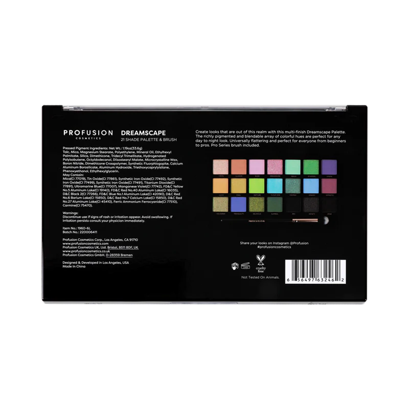 Profusion Cosmetics Dreamscape 21-shade eyeshadow palette with vibrant and neutral colors for versatile eye makeup looks.