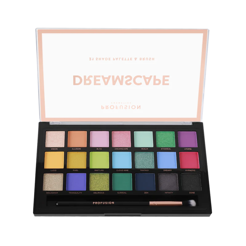 Profusion Cosmetics 21 Shade Eyeshadow Palette Dreamscape with vibrant and neutral colors arranged in rows.
