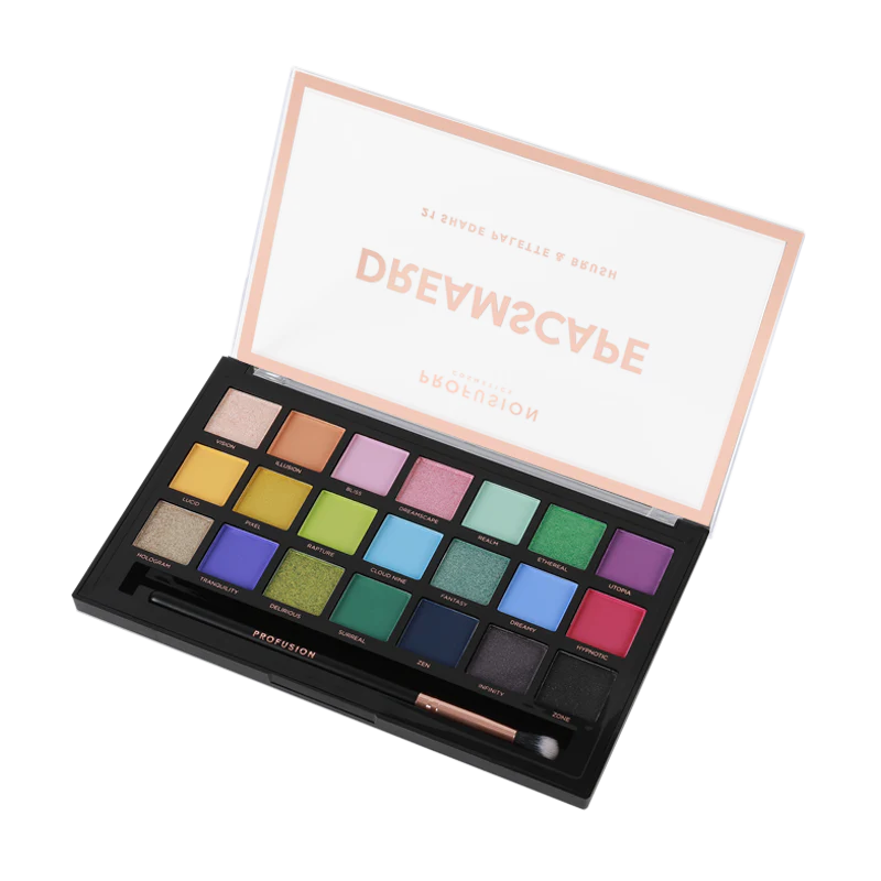 Profusion Cosmetics Dreamscape 21-shade eyeshadow palette with vibrant and neutral colors for versatile eye makeup looks.