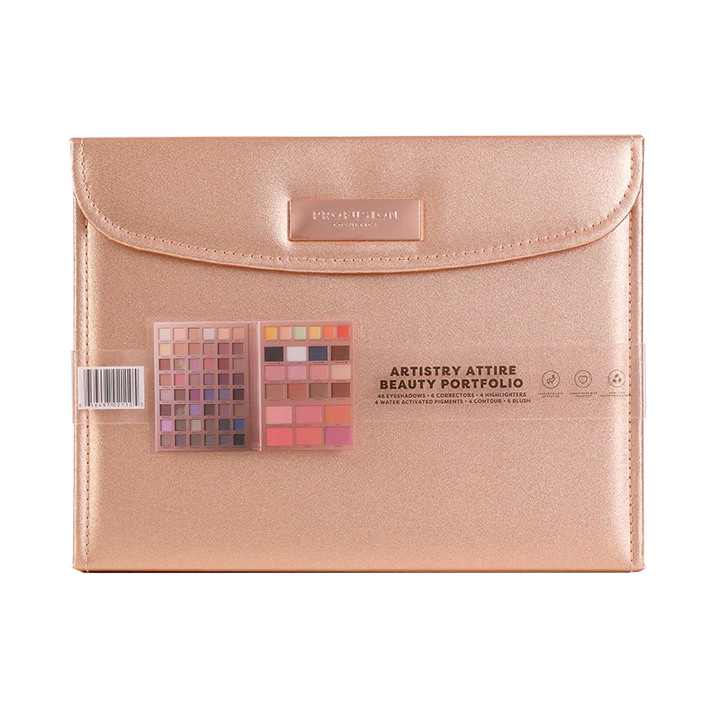 Profusion Cosmetics Artistry Attire 72-piece eyeshadow palette with diverse shades in a beauty portfolio format.