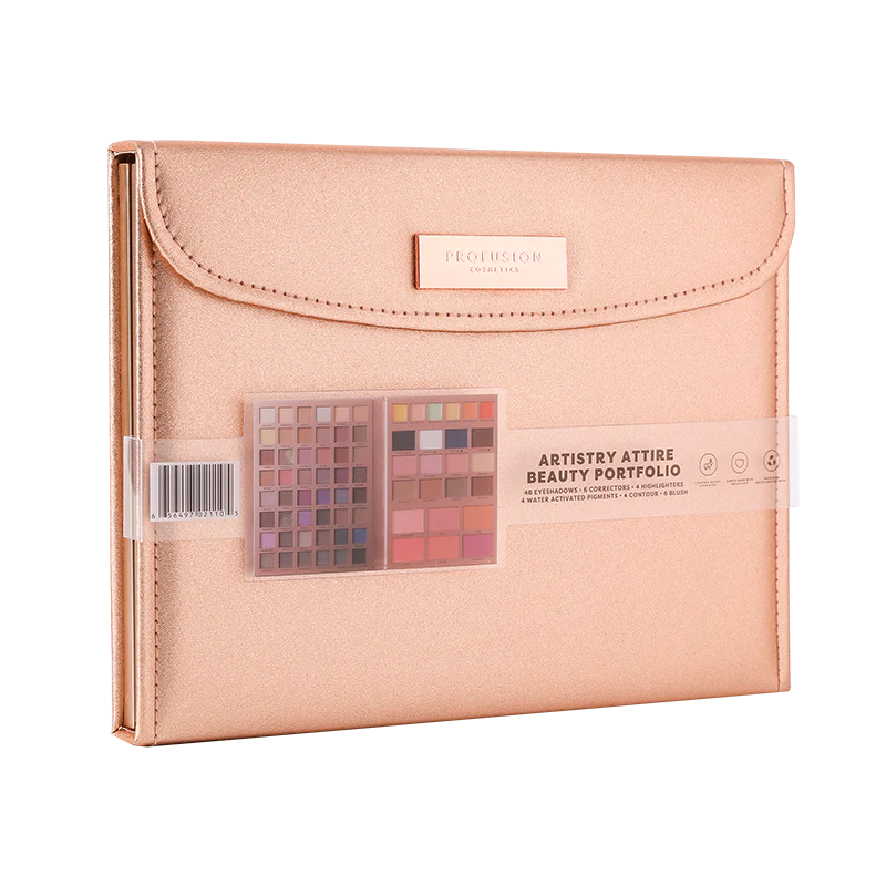 Profusion Cosmetics Artistry Attire 72-piece eyeshadow palette with diverse shades in a sleek beauty portfolio.