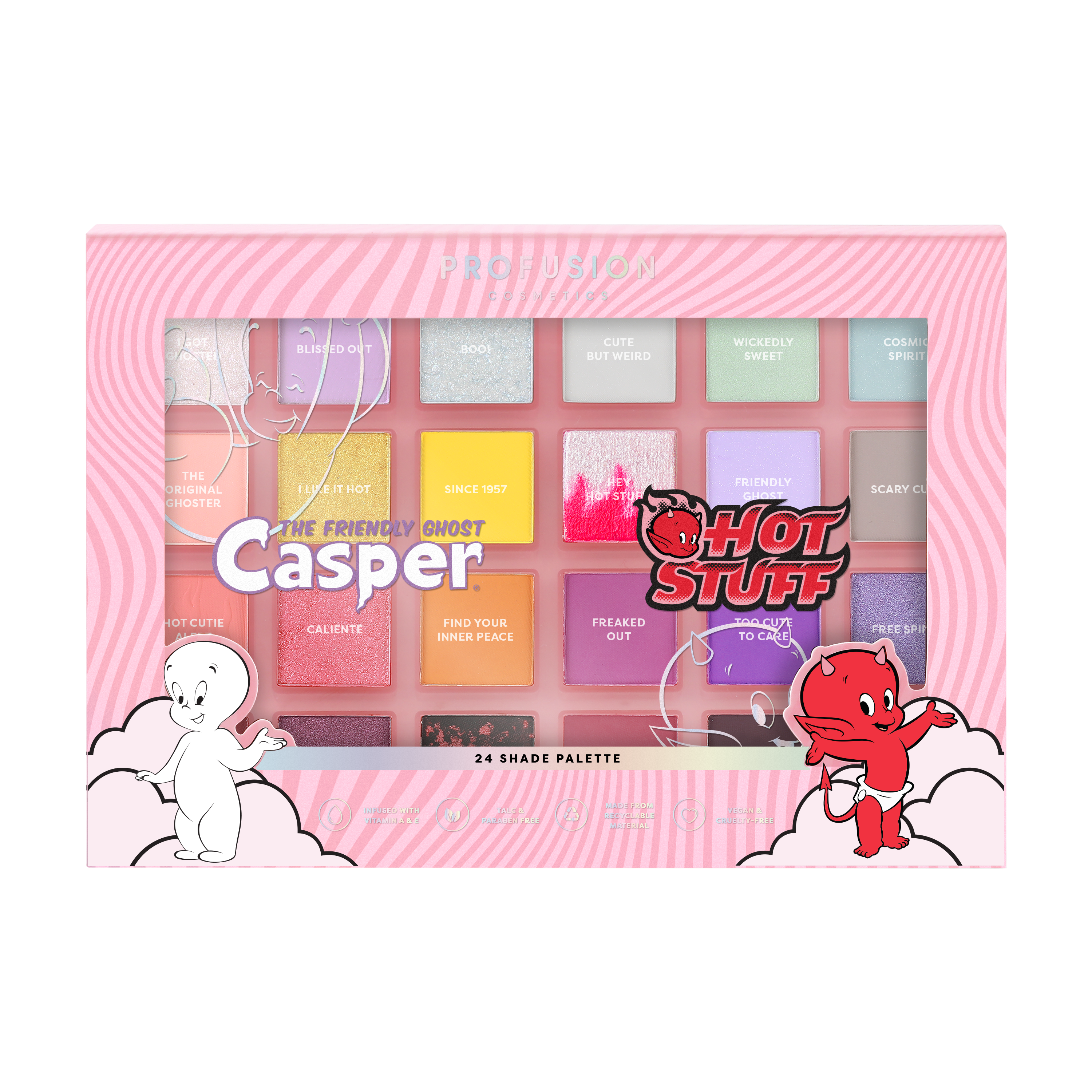 Profusion Cosmetics Casper & Hot Stuff 24 Shade Eyeshadow Palette with vibrant and neutral colors displayed open.