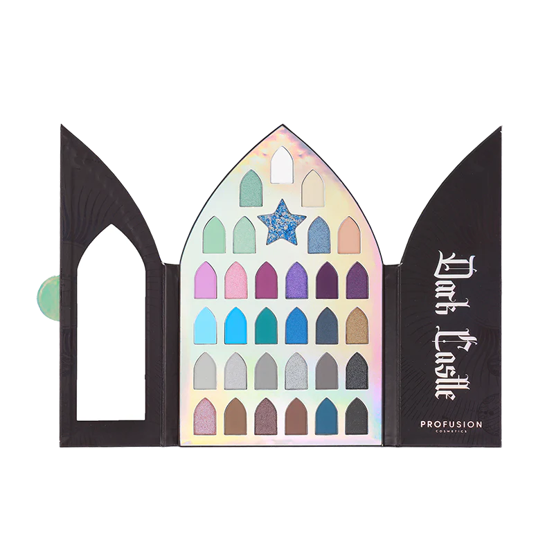 Profusion Cosmetics Enchanted Forest Dark Castle 32-shade eyeshadow palette with rich, mystical colors and intricate packaging design.