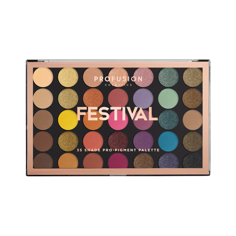 Profusion Cosmetics Festival 35-Shade Eyeshadow Palette with vibrant and neutral color shades for creative eye looks.