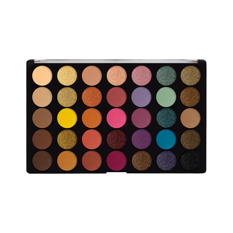 Profusion Cosmetics Festival 35-Shade Eyeshadow Palette with vibrant colorful eyeshadow shades arranged in a sleek palette.