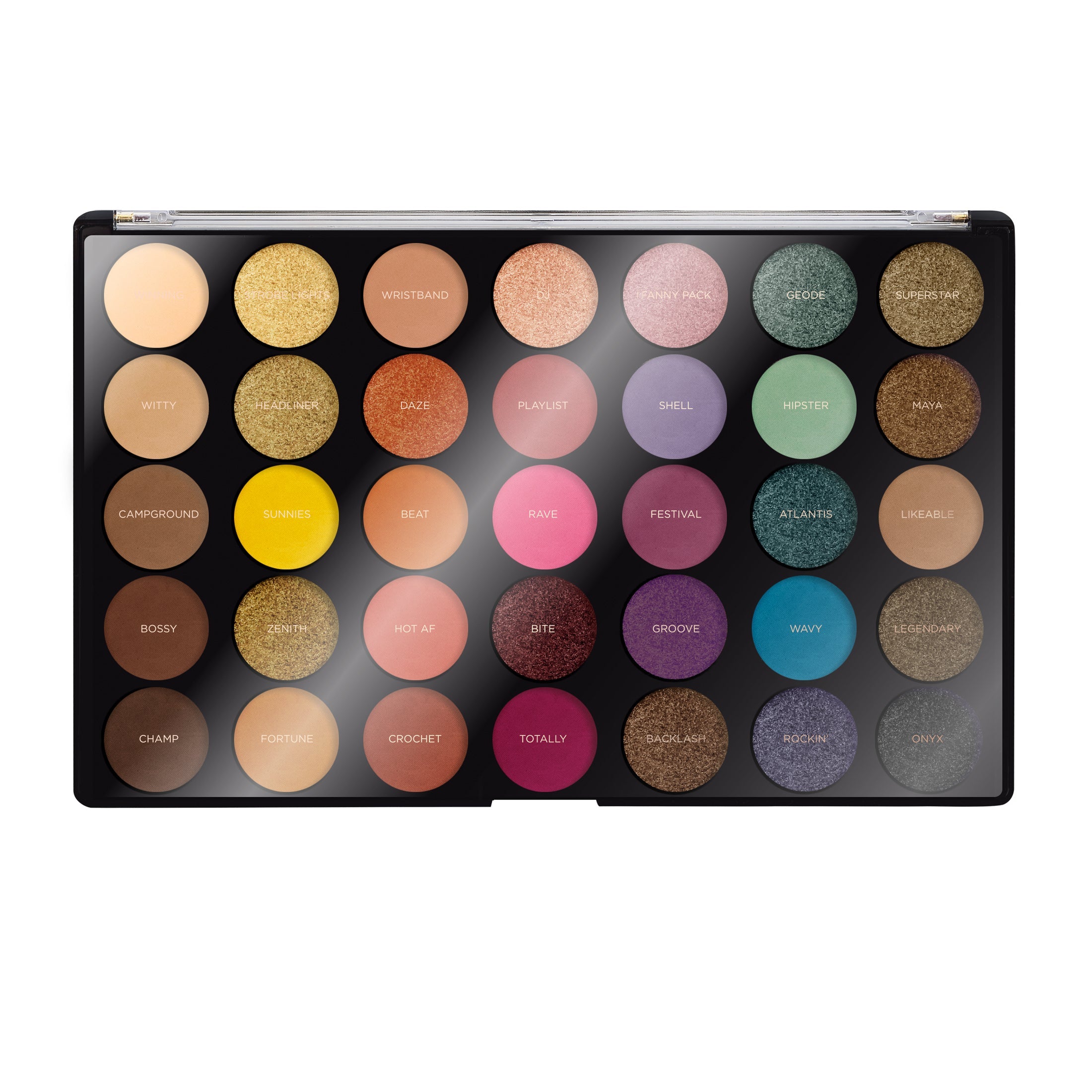 Profusion Cosmetics Festival 35-Shade Eyeshadow Palette with vibrant, colorful eye makeup shades arranged in a palette.