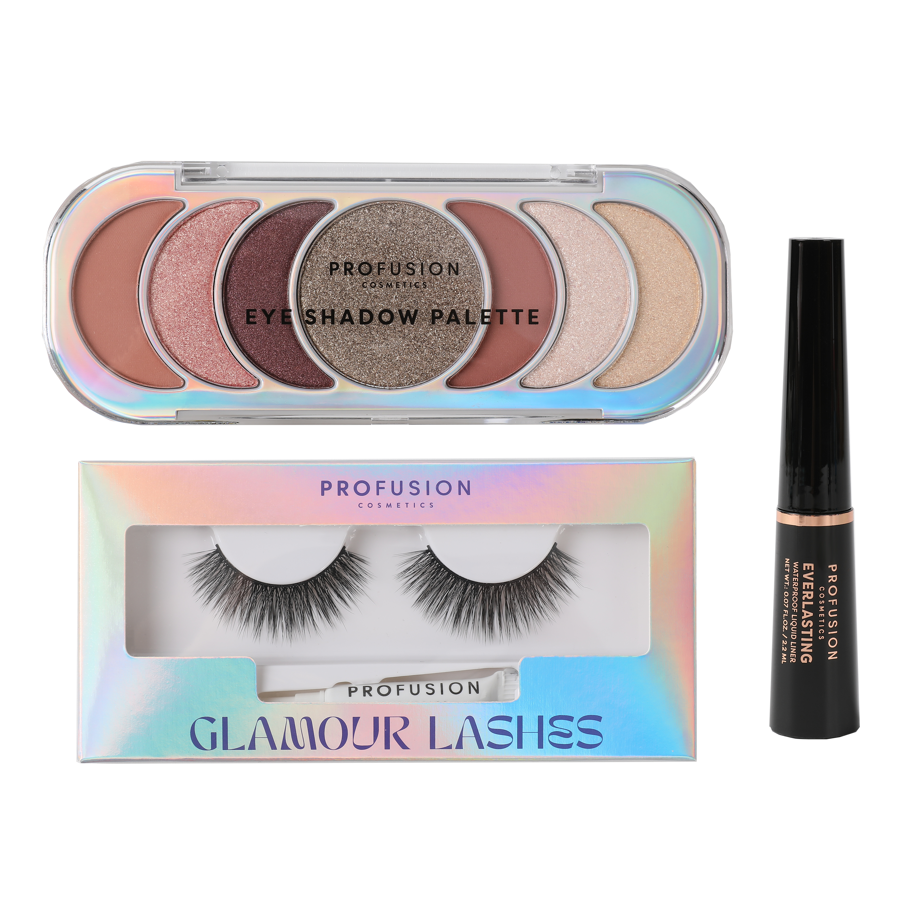 Profusion Cosmetics Glamour Eyes 3-piece eye set with eyeshadows and eyeliners, showcasing vibrant colors and sleek packaging.
