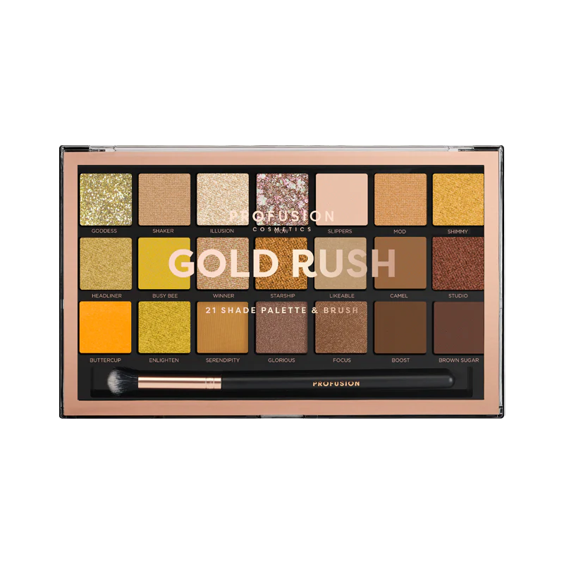 Profusion Cosmetics Gold Rush eyeshadow palette with shimmering gold and neutral shades for versatile eye makeup looks.