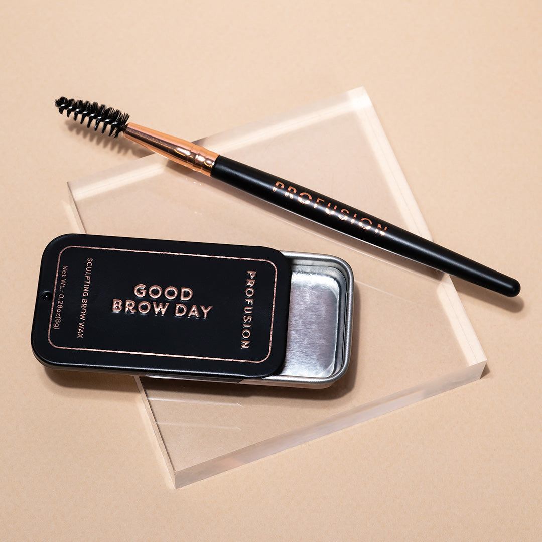 Profusion Cosmetics Good Brow Day Sculpting Brow Wax applied on eyebrows, enhancing shape and definition for natural-looking brows.
