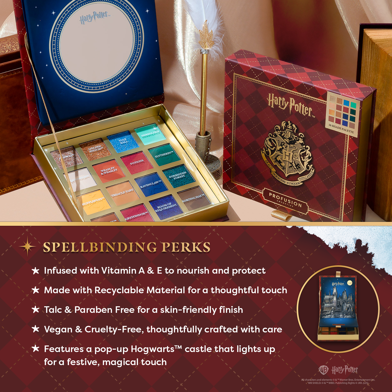 Harry Potter Hogwarts™ 16 Shade Eyeshadow Palette by Profusion Cosmetics featuring magical-themed colors and packaging.