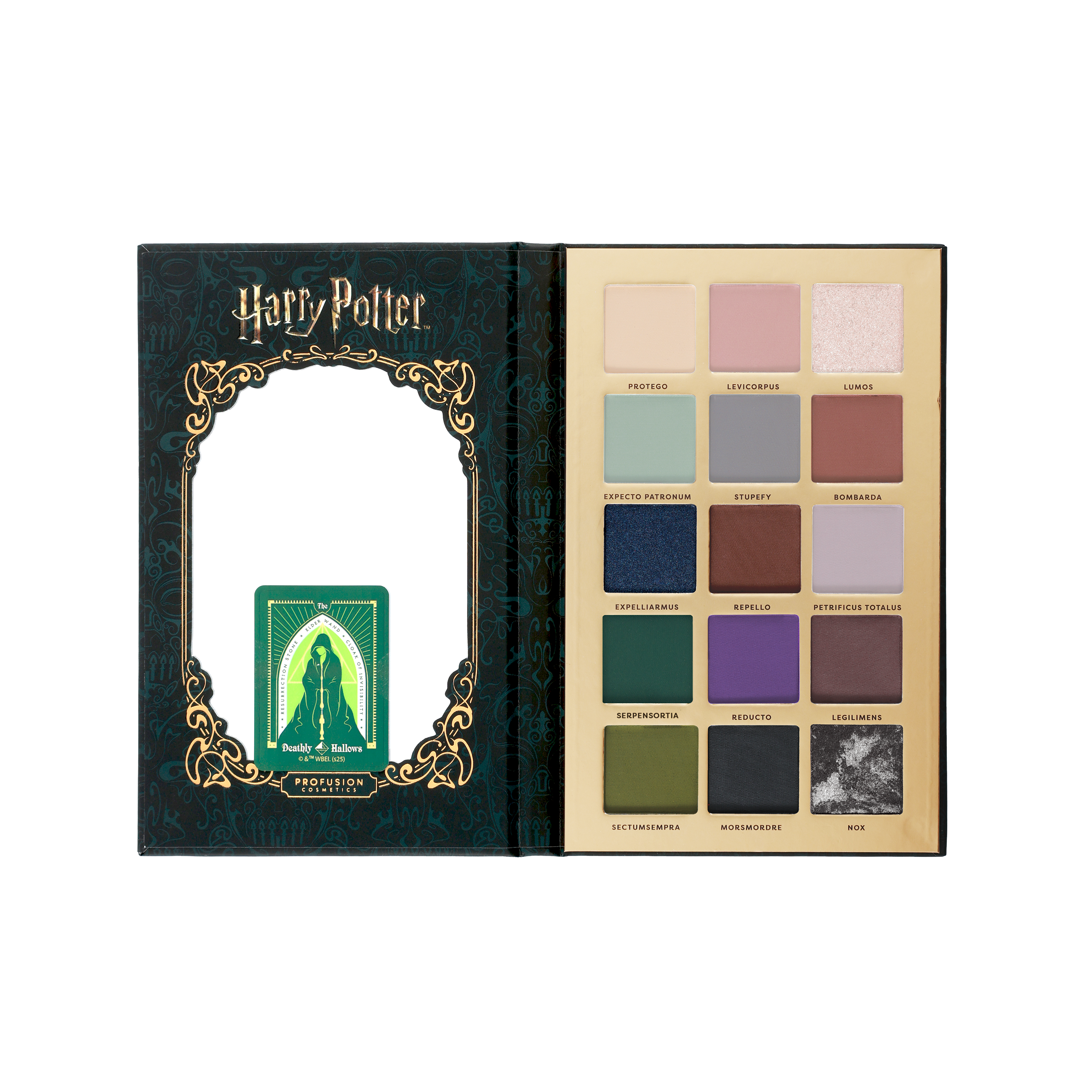 Profusion Cosmetics HP Dark Arts 15-shade eyeshadow palette with dark, smoky, and vibrant colors for dramatic eye looks.