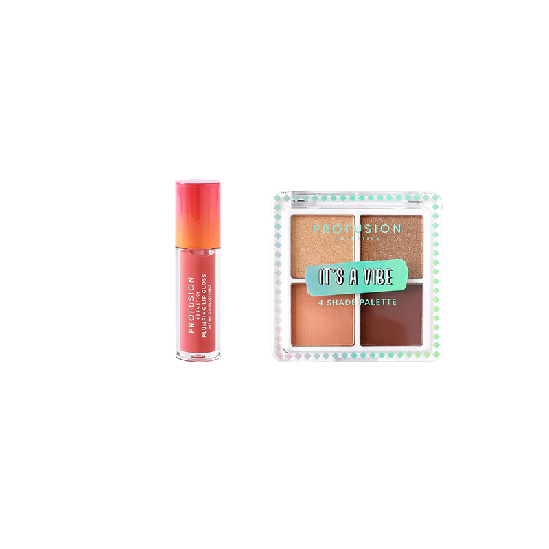 Profusion Cosmetics festival-ready 3-piece eyeshadow and cosmetic bag set featuring vibrant eye makeup and stylish travel accessories.