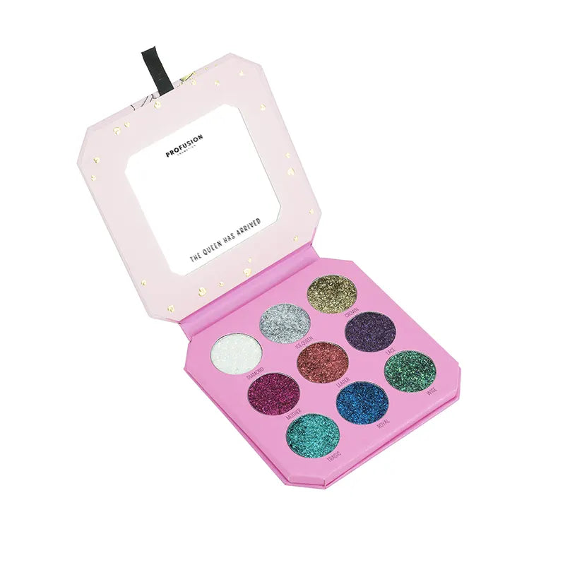 Profusion Cosmetics Majestic Gems Glitter Palette featuring vibrant, shimmering eyeshadows in a colorful palette for bold eye looks.