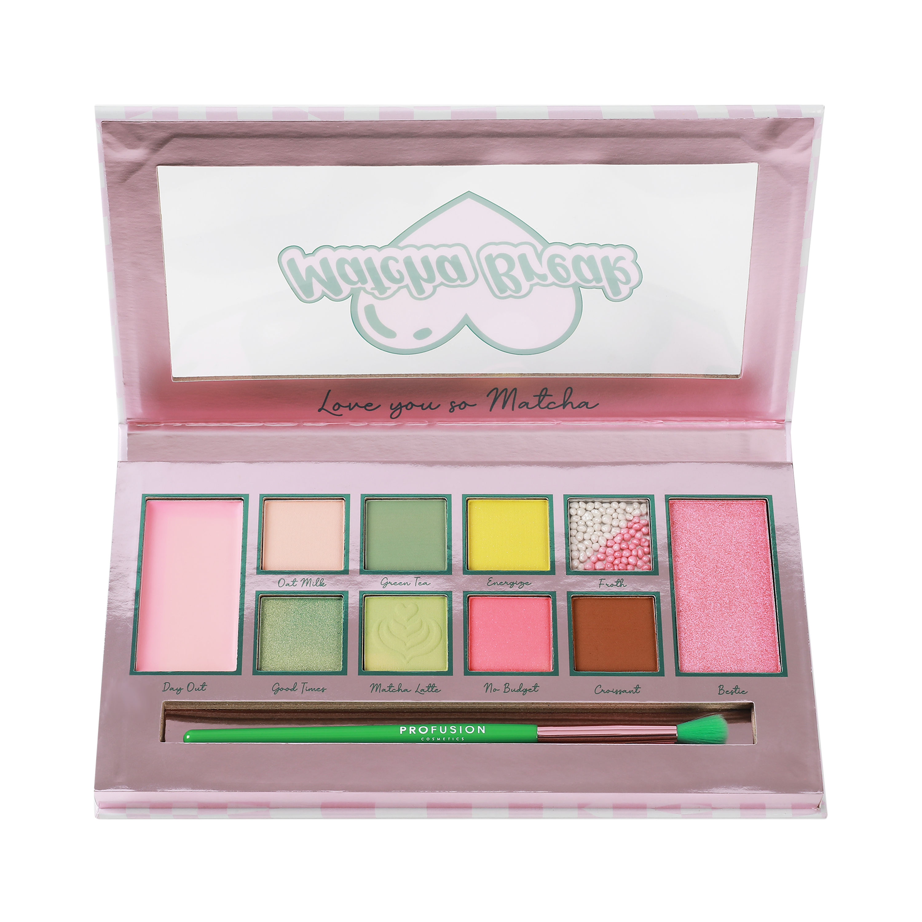 Profusion Cosmetics Matcha Break 10 Shade Eyeshadow Palette with brush, featuring green and neutral tones for versatile eye looks.