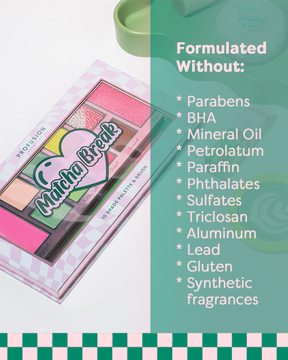 Profusion Cosmetics Matcha Break 10 Shade Eyeshadow Palette with brush, featuring vibrant green and neutral eye makeup shades.