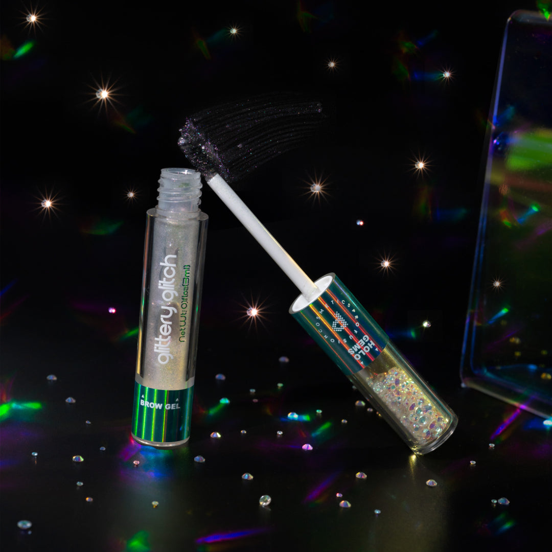 Profusion Cosmetics Metachrome Glitter Glitch Holo Brow Gel and Gems eye makeup with shimmering holographic effects