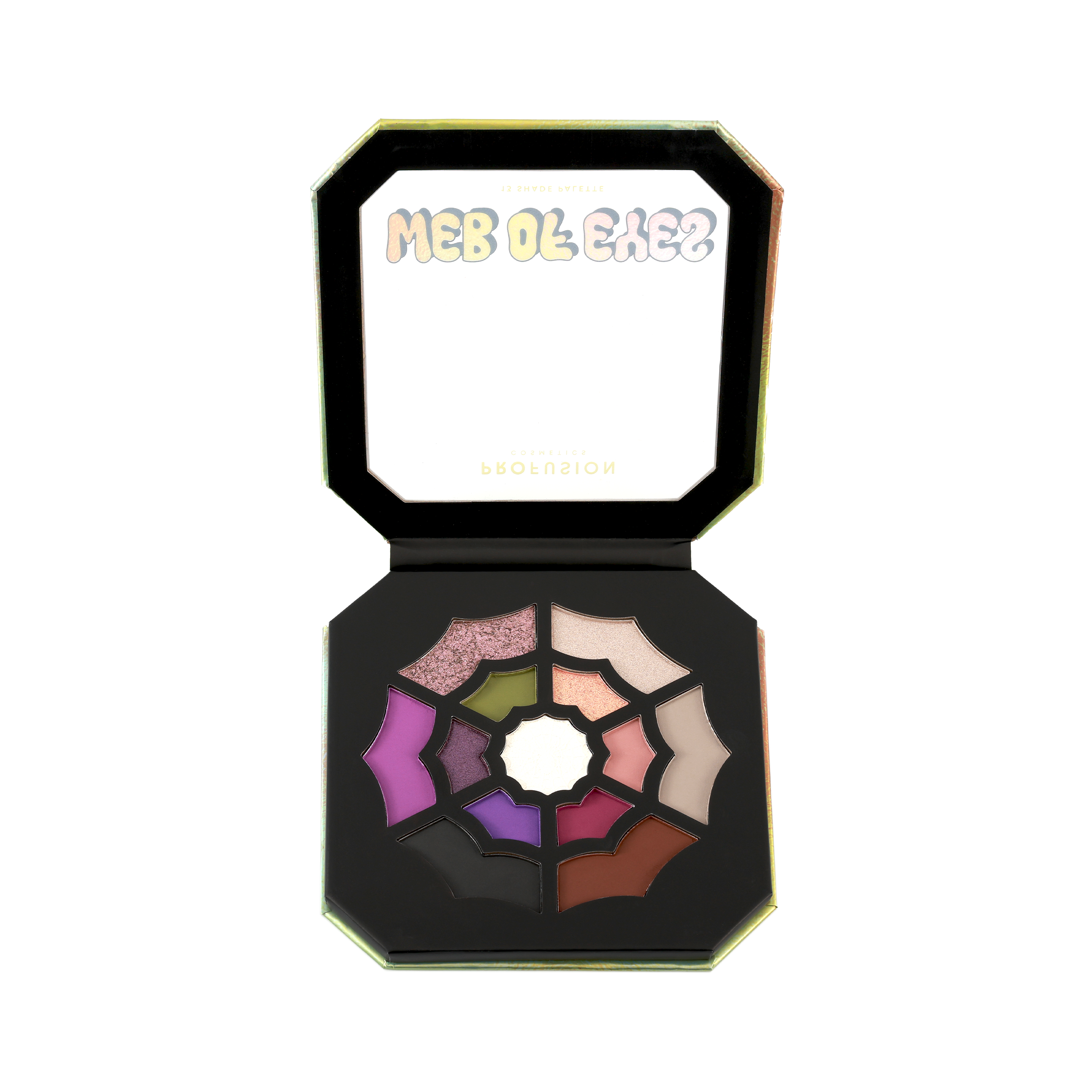 Profusion Cosmetics Monster Bash Web of Eyes 13-shade eyeshadow palette with vibrant and dark shades for bold eye looks.