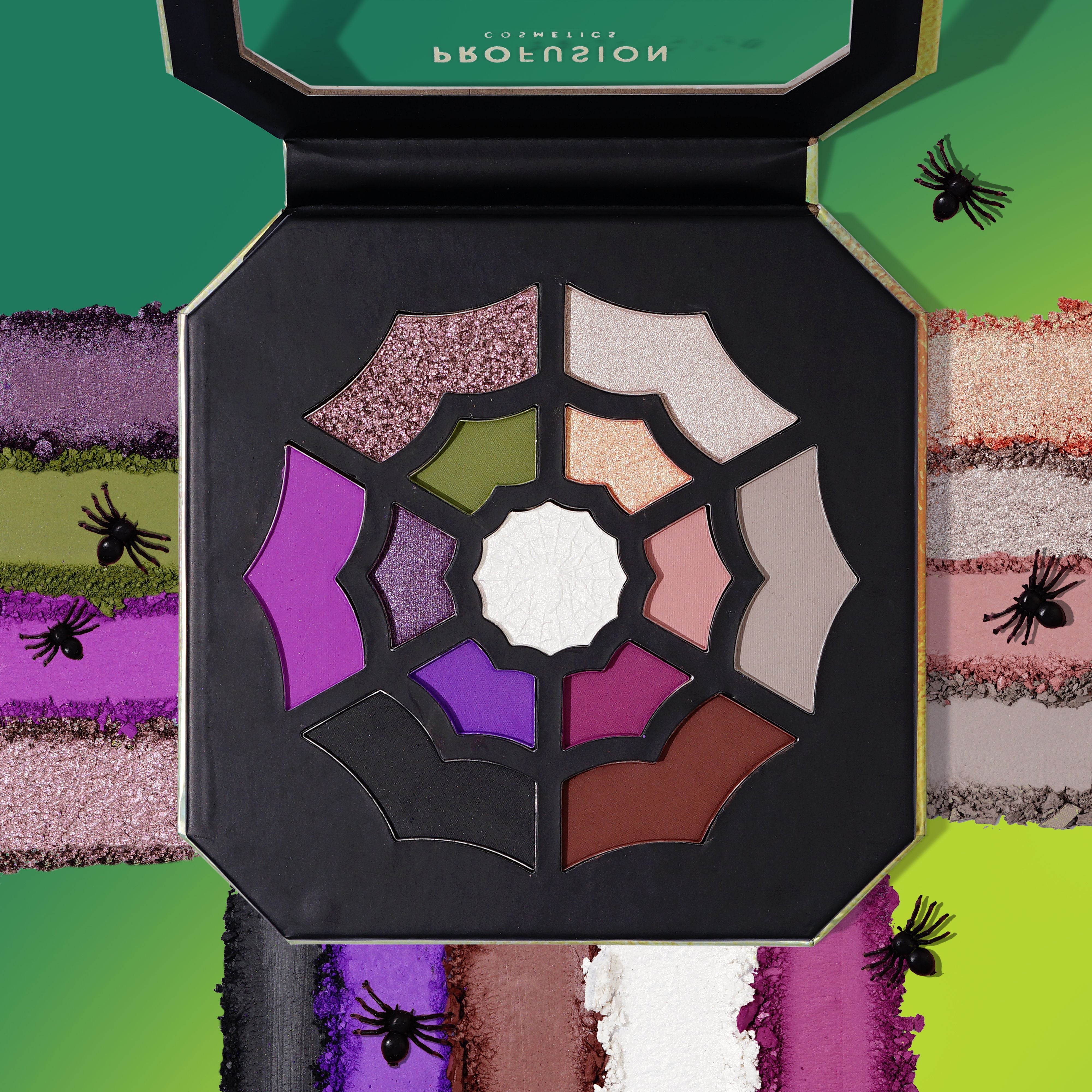 Profusion Cosmetics Monster Bash Web of Eyes 13-shade eyeshadow palette with vibrant and neutral shades for creative eye looks.