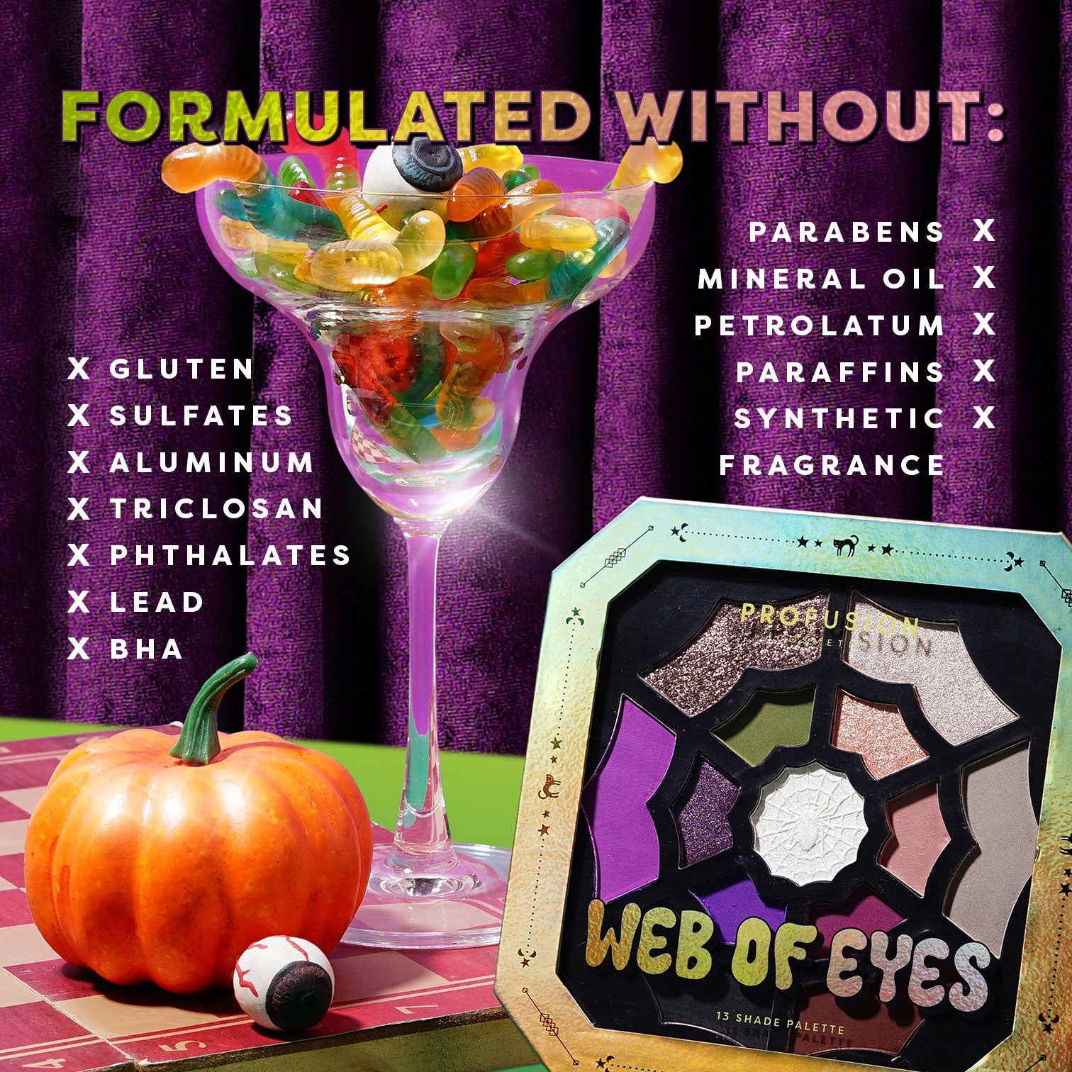 Profusion Cosmetics Monster Bash Web of Eyes 13 Shade Eyeshadow Palette with vibrant and dark shades for bold eye looks