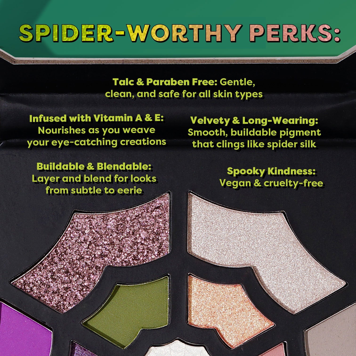 Profusion Cosmetics Monster Bash Web of Eyes 13-shade eyeshadow palette with vibrant, spooky-themed colors and detailed packaging.
