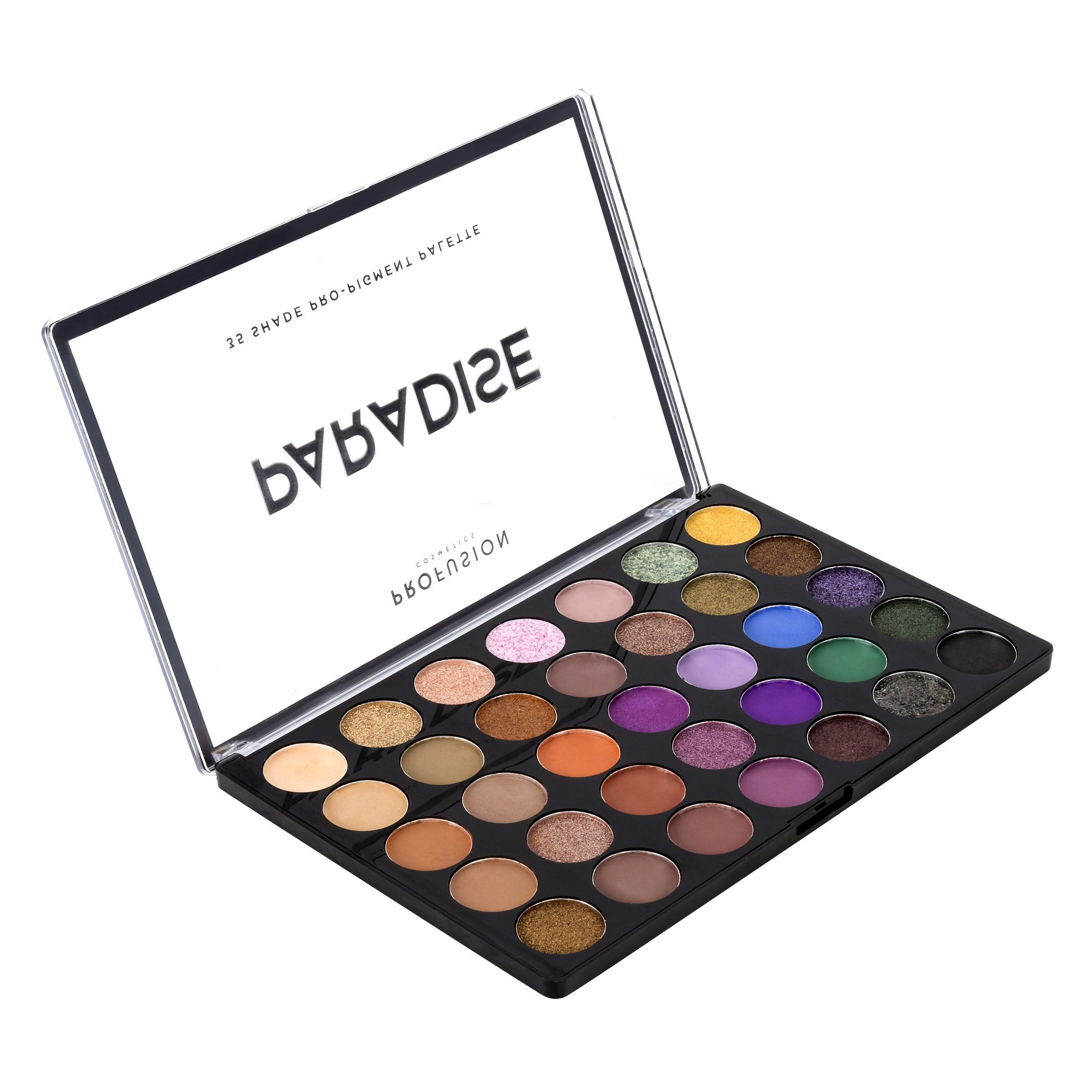Profusion Cosmetics Paradise eyeshadow palette with vibrant, colorful shades displayed open showing multiple eye makeup options.