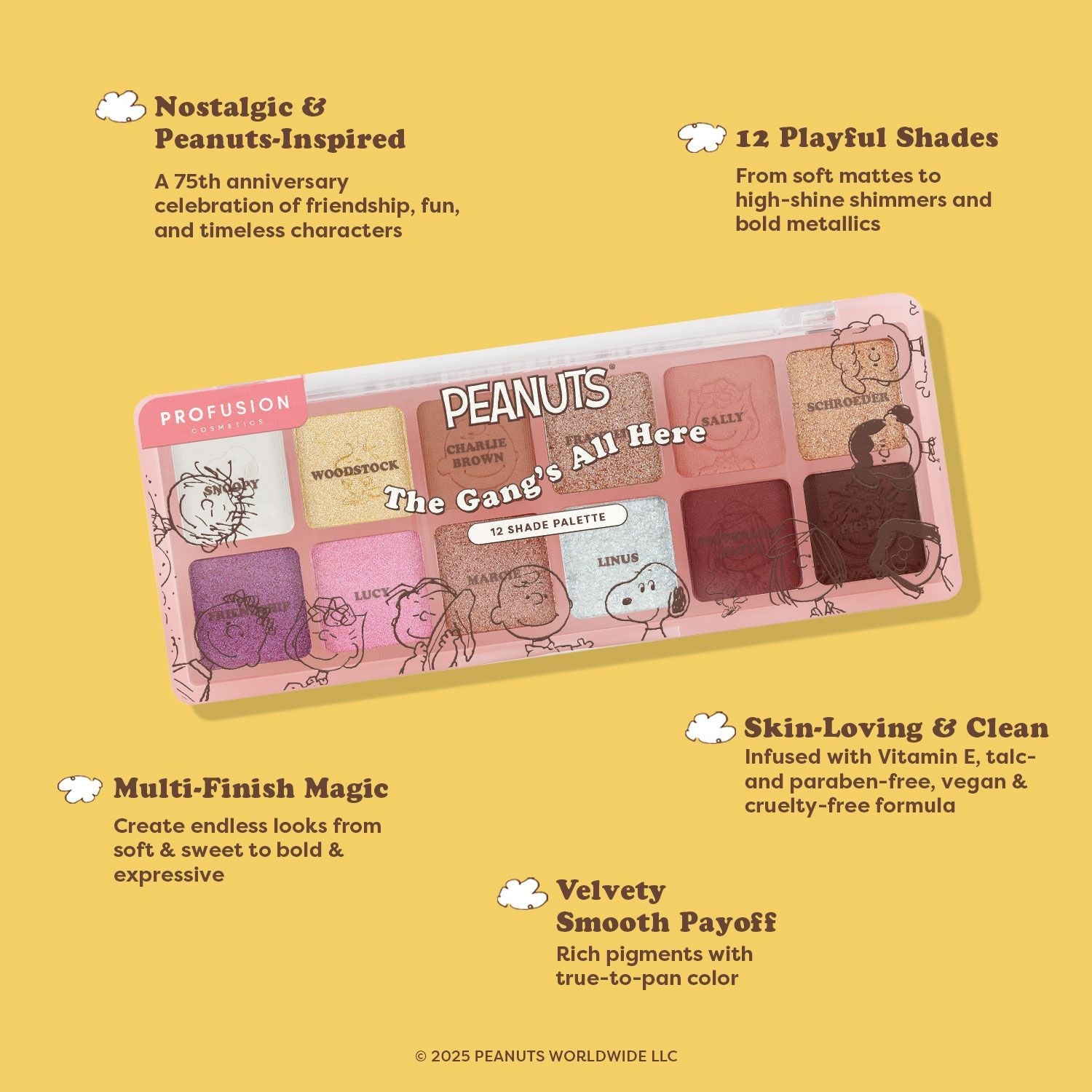 Profusion Cosmetics Peanuts 75th The Gang’s All Here 12-shade eyeshadow palette with colorful, playful shades for creative eye looks.