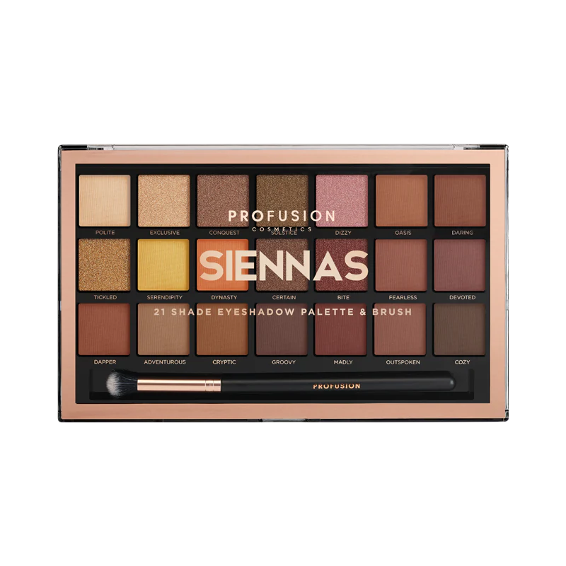 Profusion Cosmetics Siennas eyeshadow palette with warm earthy shades and detailed eye makeup look.
