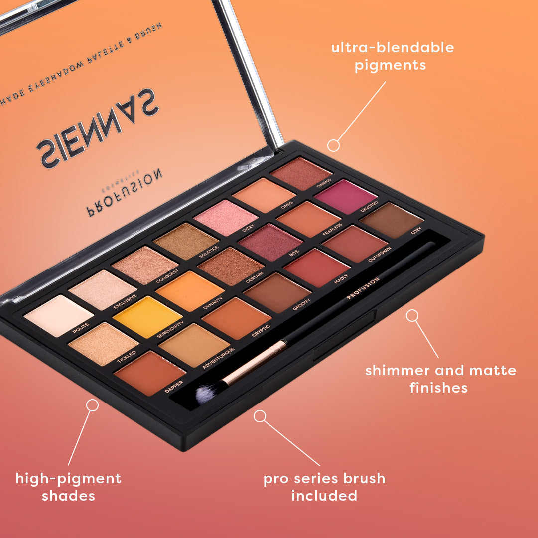 Profusion Cosmetics Siennas eyeshadow palette with warm-toned shades and eye makeup swatches in a natural light setting