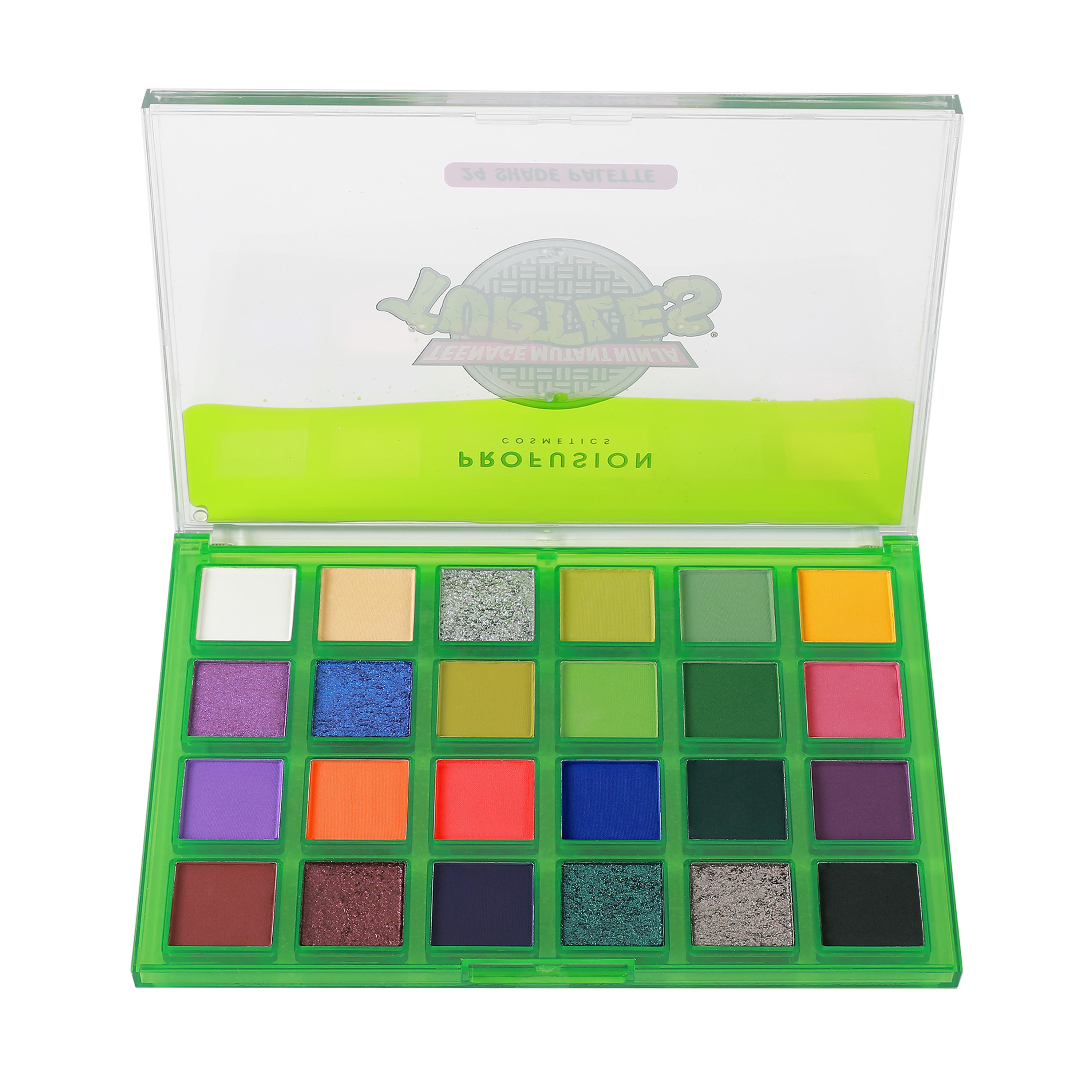 Profusion Cosmetics Teenage Mutant Ninja Turtles 24-shade eye palette with vibrant and neutral eyeshadow colors.