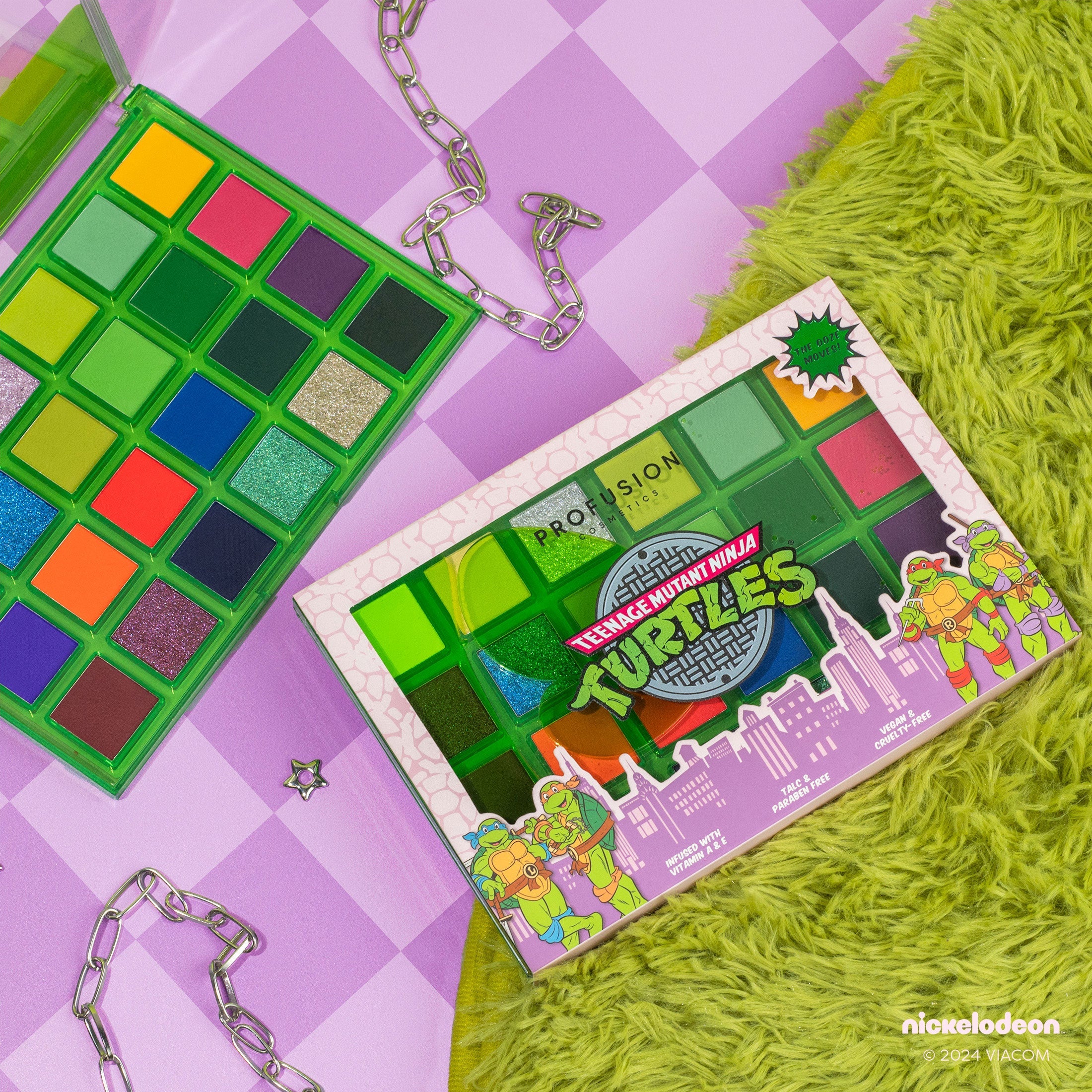 Profusion Cosmetics Teenage Mutant Ninja Turtles 24-shade eye palette with vibrant and neutral eyeshadow colors for creative looks.