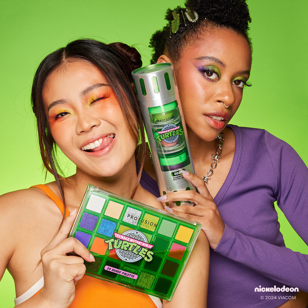 Profusion Cosmetics TMNT 24-shade eyeshadow palette with vibrant and neutral colors, featuring Teenage Mutant Ninja Turtles-themed packaging.