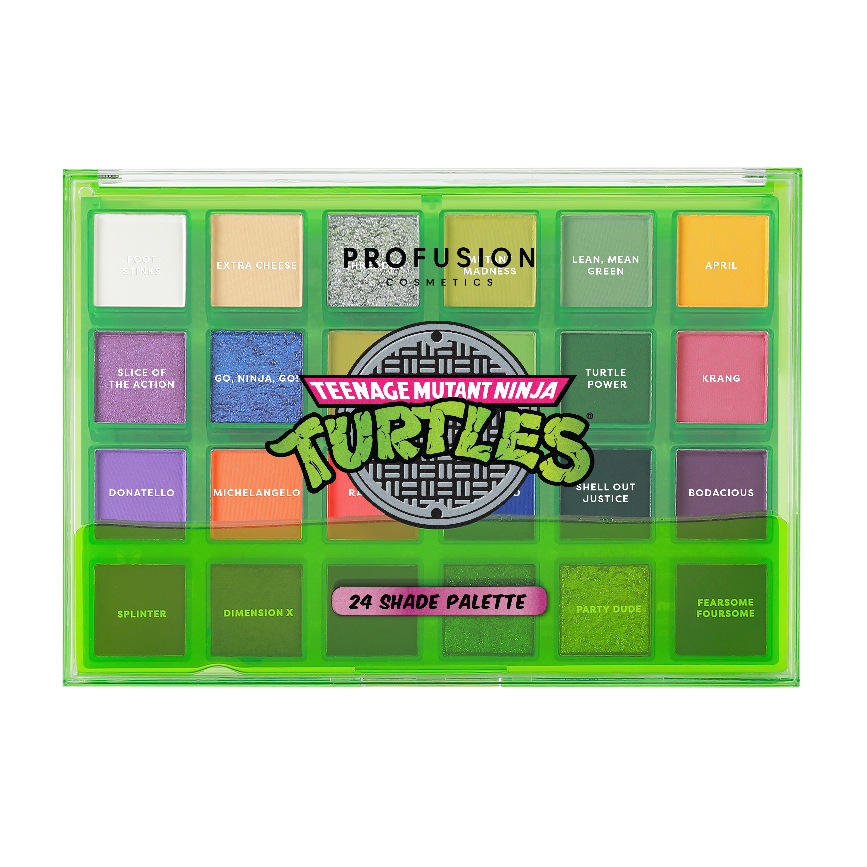 Profusion Cosmetics Teenage Mutant Ninja Turtles 24-shade eyeshadow palette with vibrant colors and detailed turtle-themed packaging.