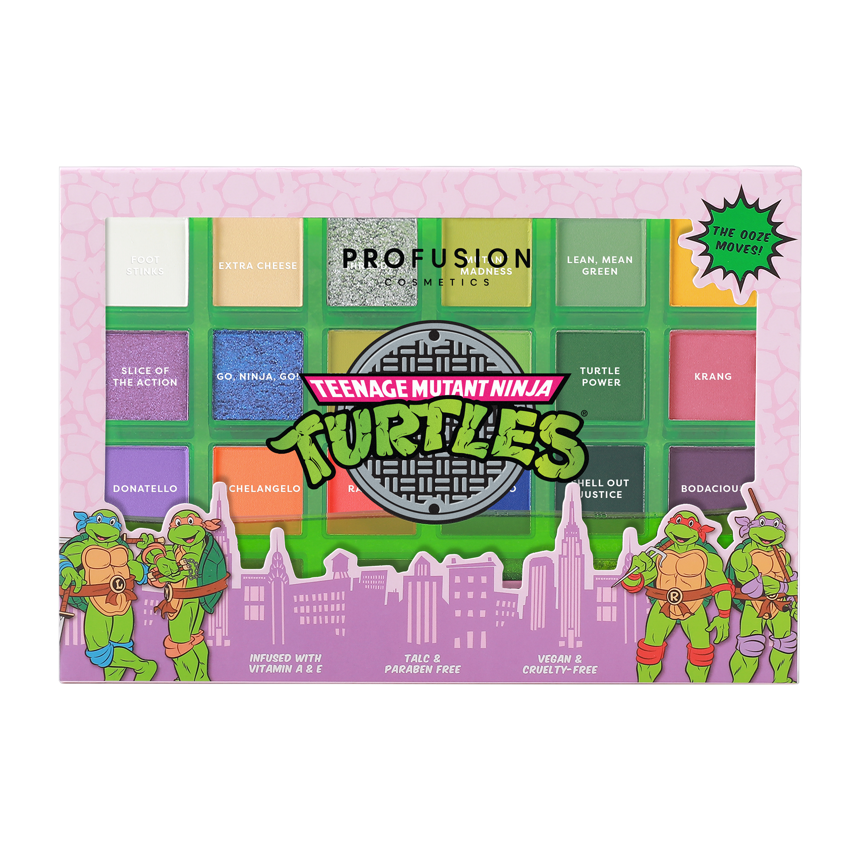 Profusion Cosmetics TMNT 24 Shade Eyeshadow Palette with vibrant and neutral colors in a Teenage Mutant Ninja Turtles themed design.
