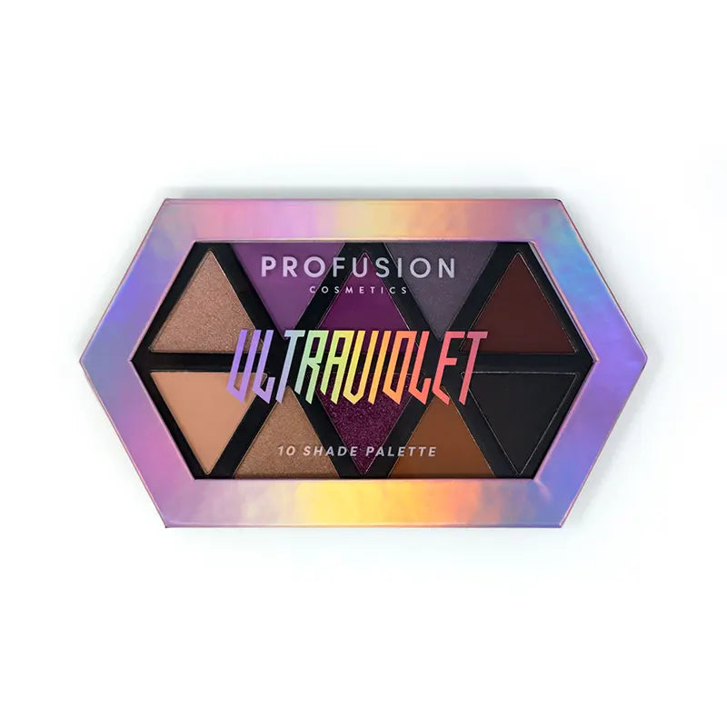 Profusion Cosmetics Ultra Violet Eyeshadow Palette with vibrant purple and blue shades displayed open.