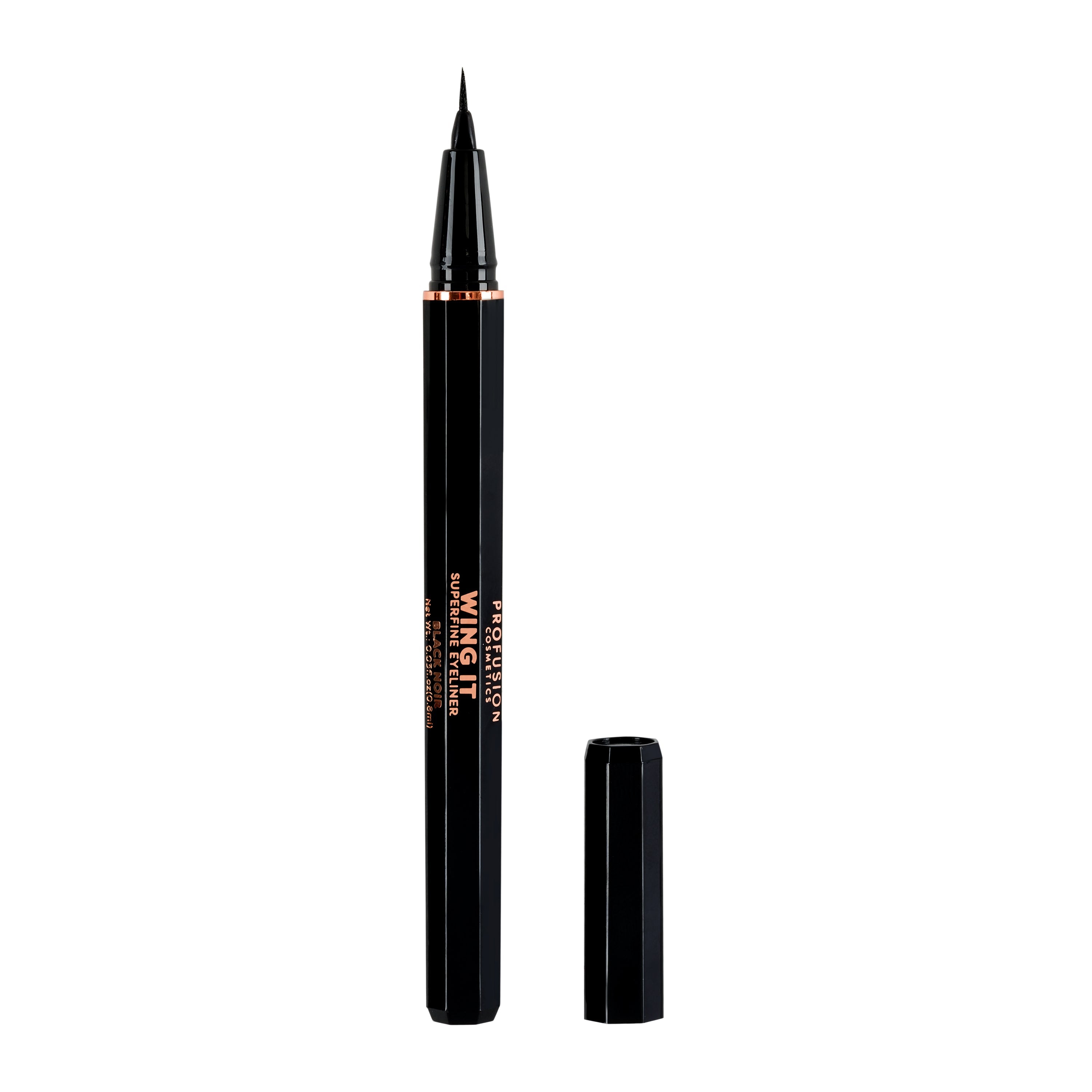 Profusion Cosmetics Wing It Superfine Black Eyeliner applied on eyes, showcasing its precise, dark line for defined eye makeup.