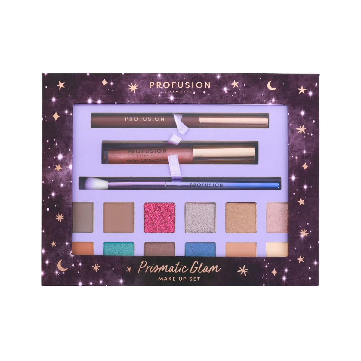 Profusion Cosmetics Written in the Stars Prismatic Glam 15-piece eyeshadow kit with colorful, shimmery eye shades and packaging.