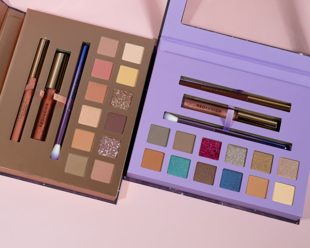 Profusion Cosmetics Written in the Stars Prismatic Glam 15-piece eyeshadow kit with shimmering shades and eye makeup products.