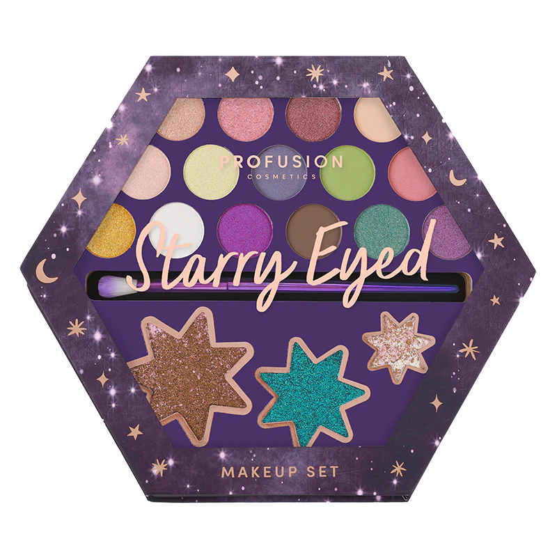 Profusion Cosmetics Written in the Stars Starry Eyes 18-shade eyeshadow palette with colorful, star-themed eyeshadows and variety of finishes.