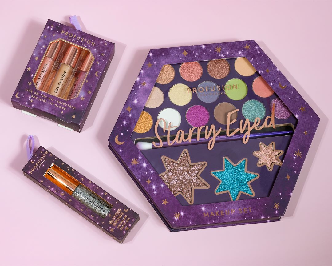 Profusion Cosmetics Written in the Stars Starry Eyes 18-shade eyeshadow palette with vibrant and shimmering eye makeup colors.