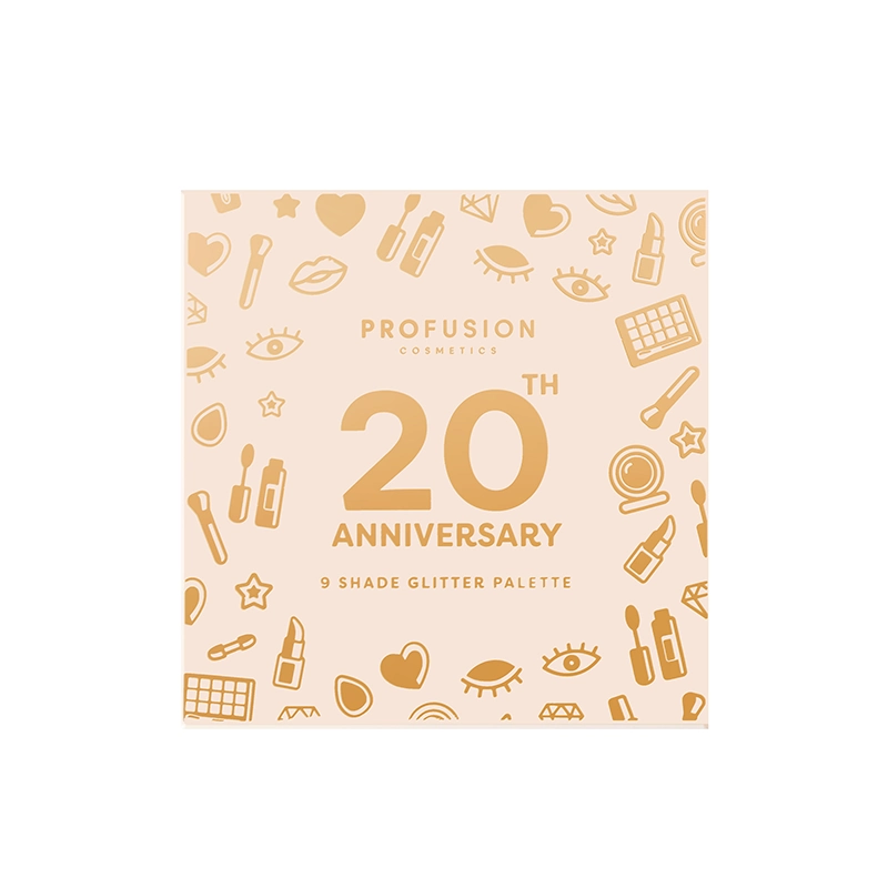 Profusion Cosmetics 20th Anniversary pressed glitter palette with gold eye shades and shimmering eyeshadow for festive makeup.