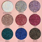 Profusion Cosmetics 20th Anniversary pressed glitter eyeshadow palette with gold shades and vibrant glitter accents.