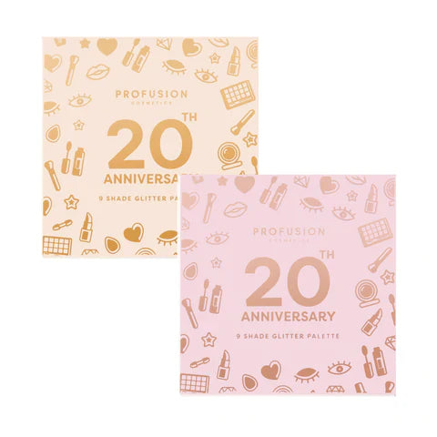 Profusion Cosmetics 20th Anniversary Pressed Glitter Palette with gold eyeshadows and shimmering pressed glitter for eye makeup.